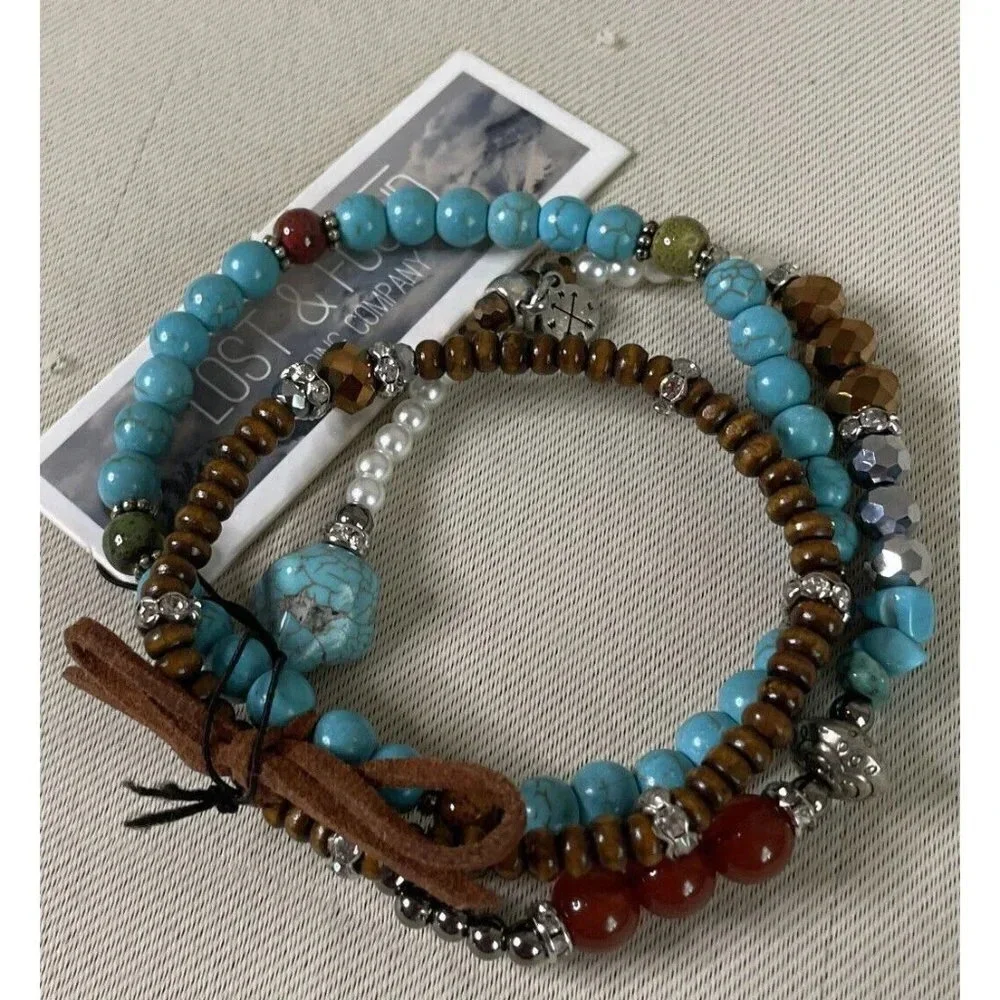 Lost‎ & Found Trading Company 3 Strand Bracelet Turquoise Wood Beads Stretch NEW